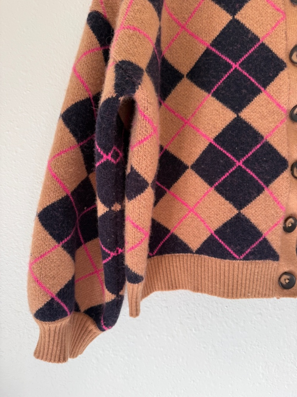 Boden Abi Jacquard Wool Alpaca Cardigan Collegiate Camel Navy Argyle Size XL - Picture 7 of 12